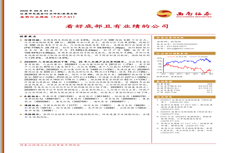 医药行业周报:看好底部且有业绩的公司