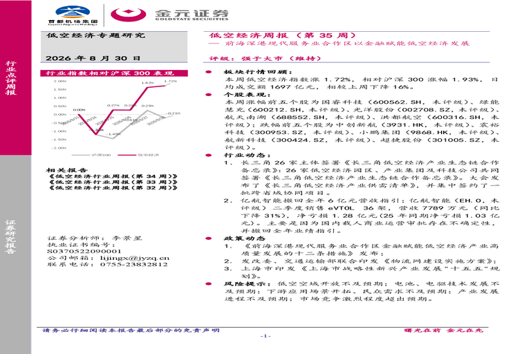 低空经济周报(第35周):前海深港现代服务业合作区以金融赋能低空经济发展
